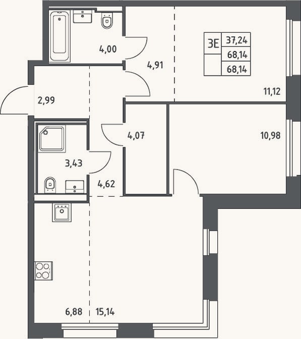 Планировка: 3-к, 68,1 м²