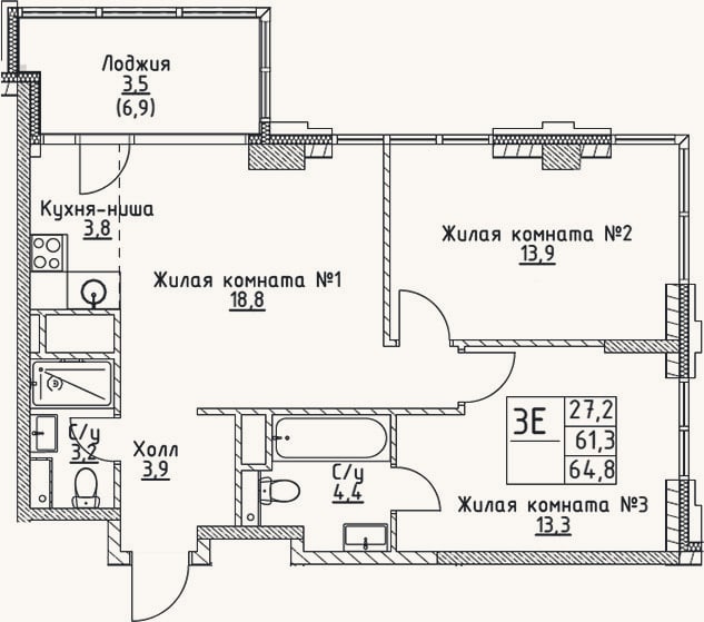 Планировка: 3-к, 61,3 м²