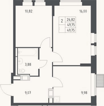 Планировка: 2-к, 49,8 м²