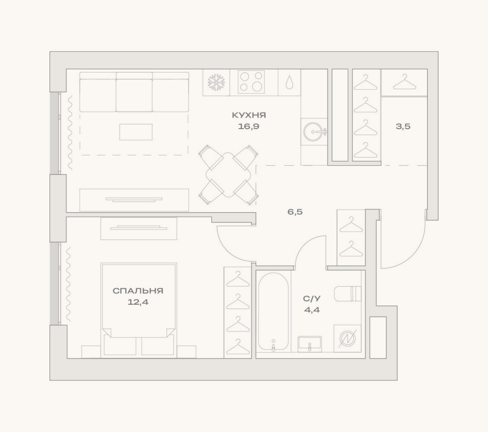 Планировка: 2-к, 43,7 м²