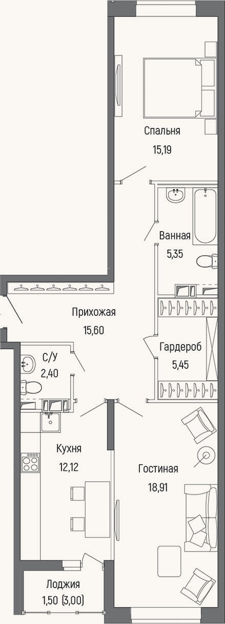 Планировка: 2-к, 75 м²
