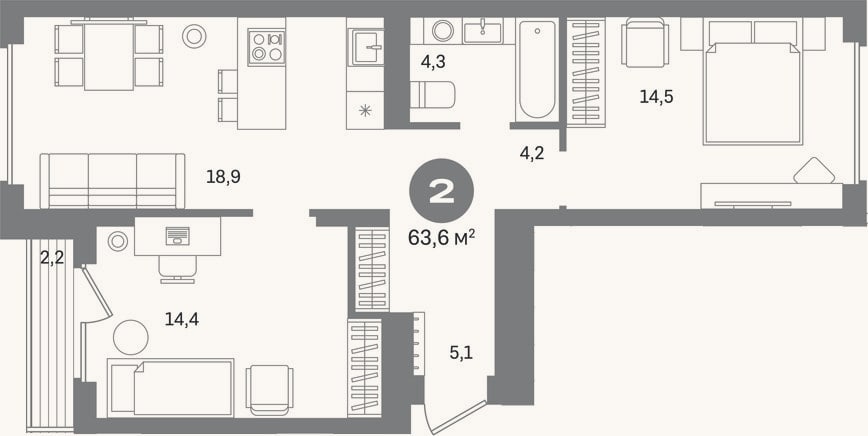 Планировка: 2-к, 61,4 м²