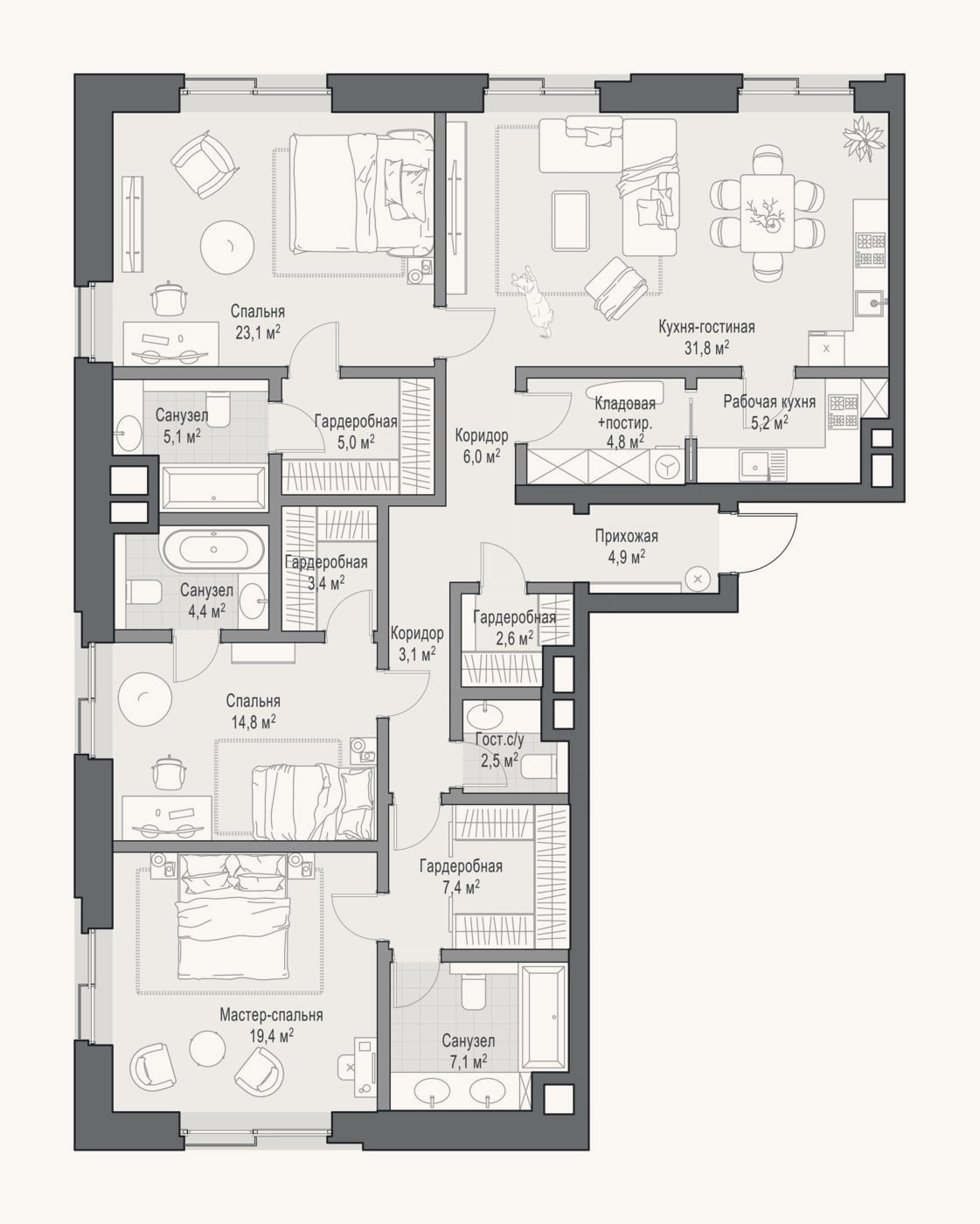Планировка: 4+ к, 159,2 м²