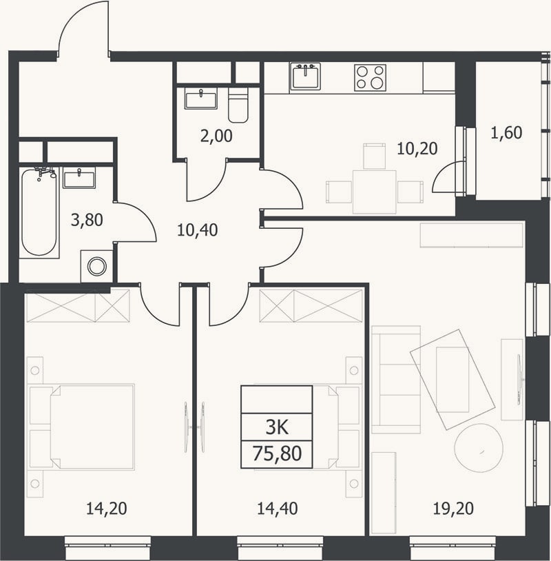 Планировка: 3-к, 74,2 м²