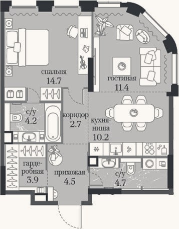Планировка: 1-к, 56,3 м²