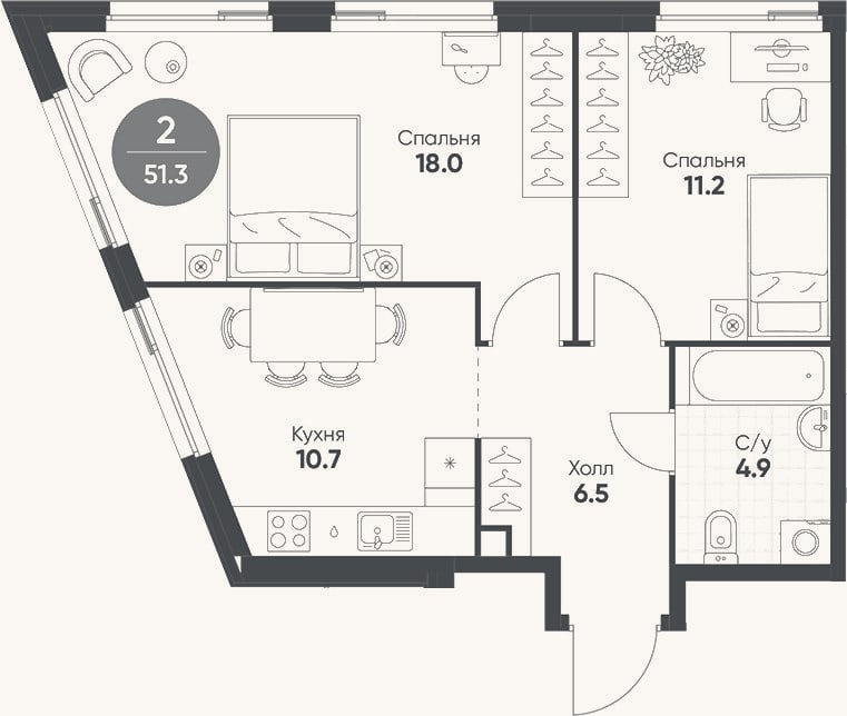 Планировка: 2-к, 51,3 м²