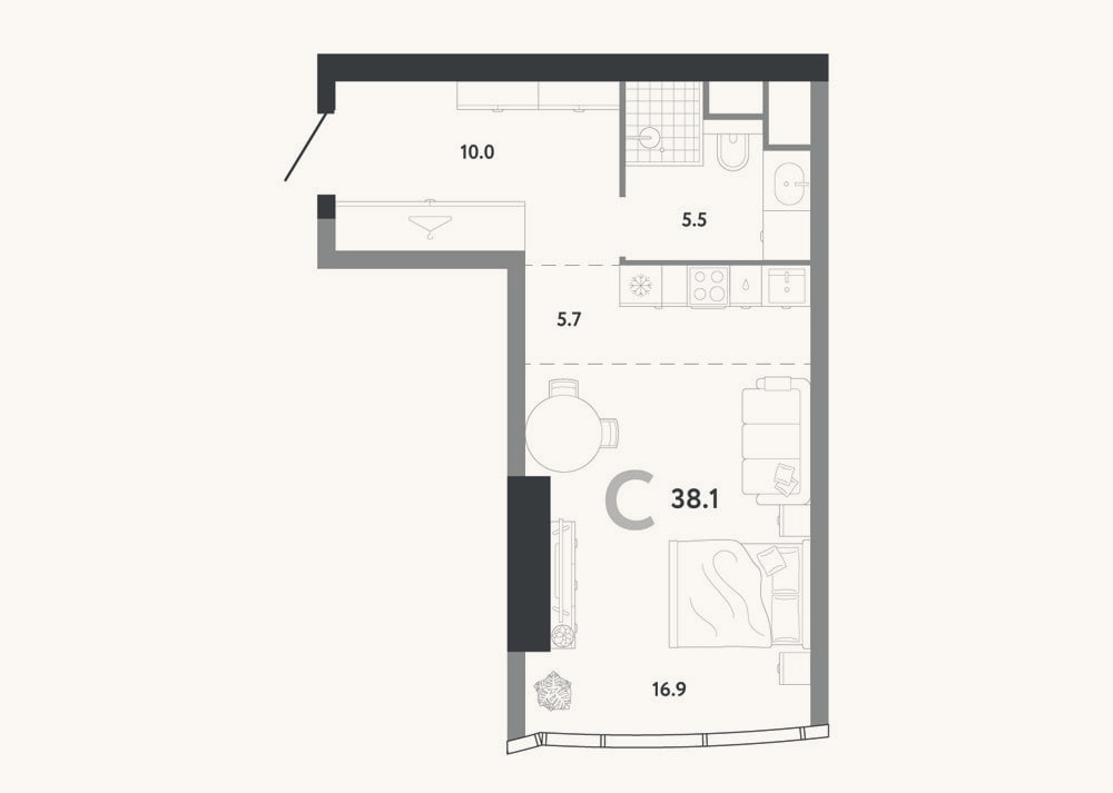 Планировка: Студия, 38,1 м²