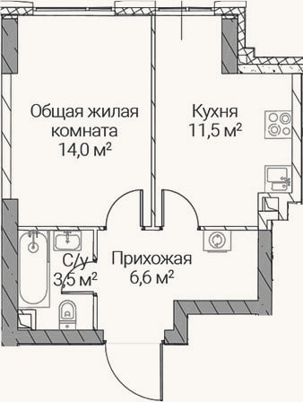 Планировка: 1-к, 35,6 м²