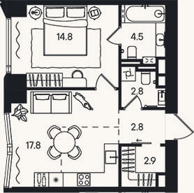 Планировка: 2-к, 45,6 м²