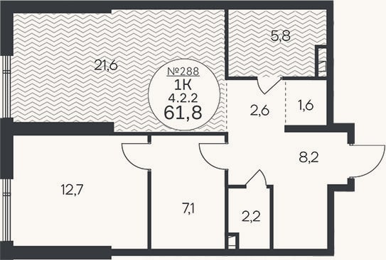 Планировка: 1-к, 61,8 м²