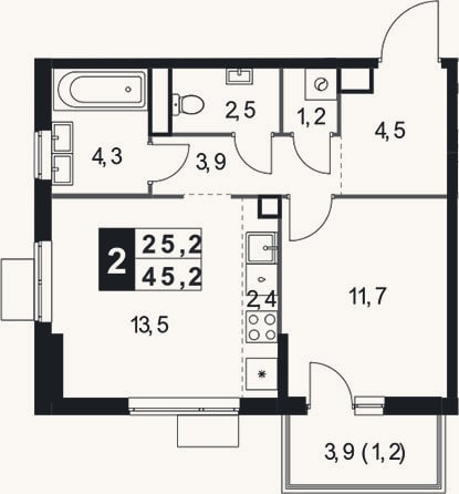 Планировка: 2-к, 44 м²