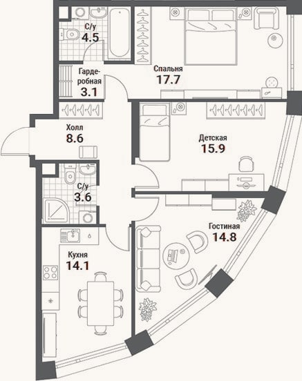 Планировка: 3-к, 82,3 м²