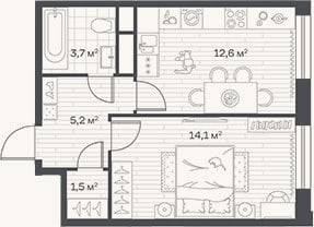 Планировка: 1-к, 37,1 м²