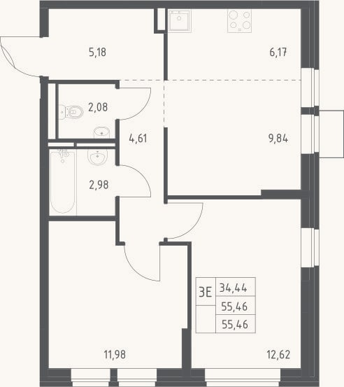 Планировка: 3-к, 55,5 м²
