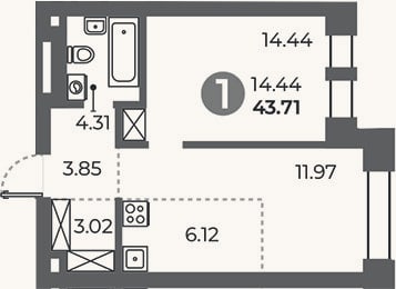 Планировка: 1-к, 43,7 м²