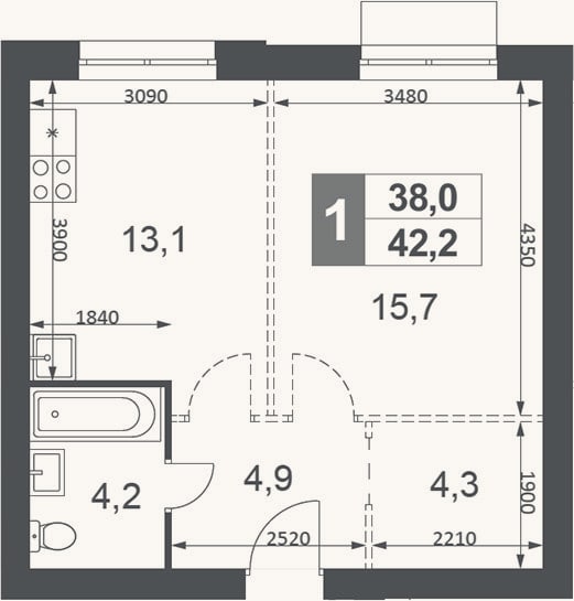 Планировка: 1-к, 42,2 м²