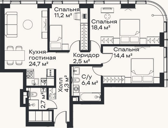 Планировка: 4+ к, 84,6 м²