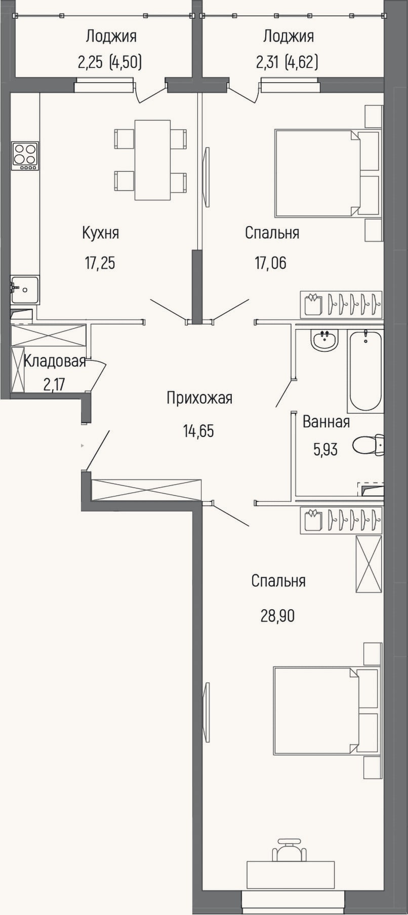 Планировка: 2-к, 86 м²