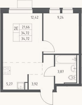 Планировка: 2-к, 34,7 м²