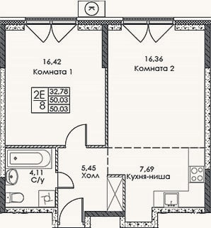 Планировка: 2-к, 50 м²