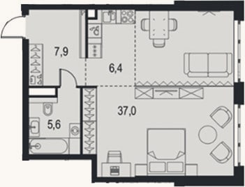 Планировка: Студия, 56,9 м²