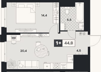 Планировка: 1-к, 46 м²