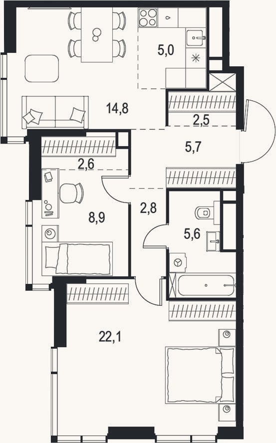Планировка: 3-к, 70 м²