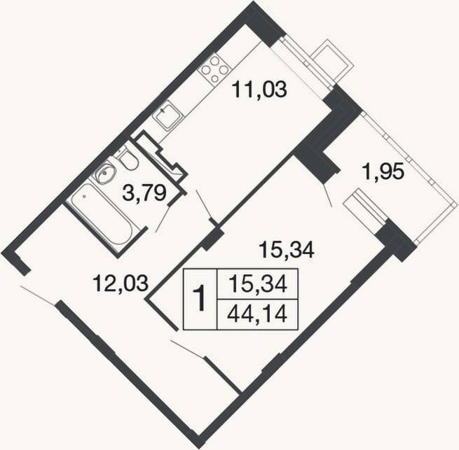 Планировка: 1-к, 42,2 м²