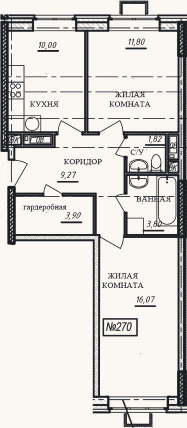 Планировка: 2-к, 56,7 м²