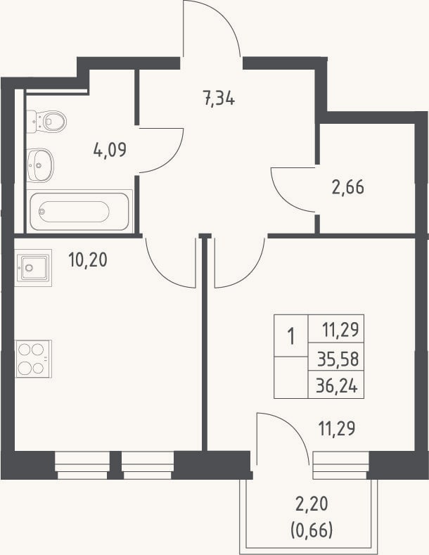 Планировка: 1-к, 35,6 м²
