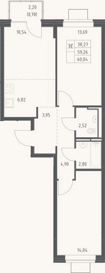 Планировка: 3-к, 59,3 м²