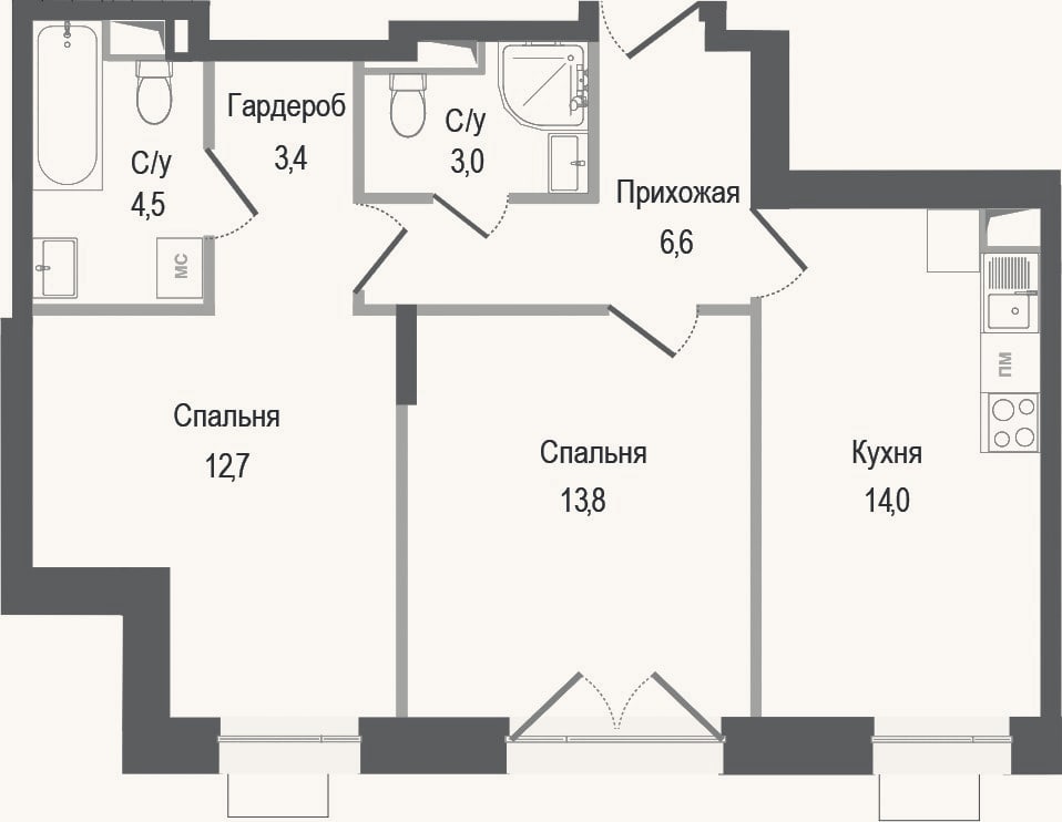 Планировка: 2-к, 58 м²
