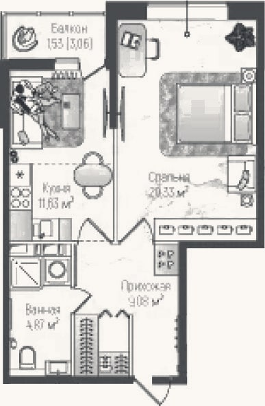 Планировка: 1-к, 45,9 м²