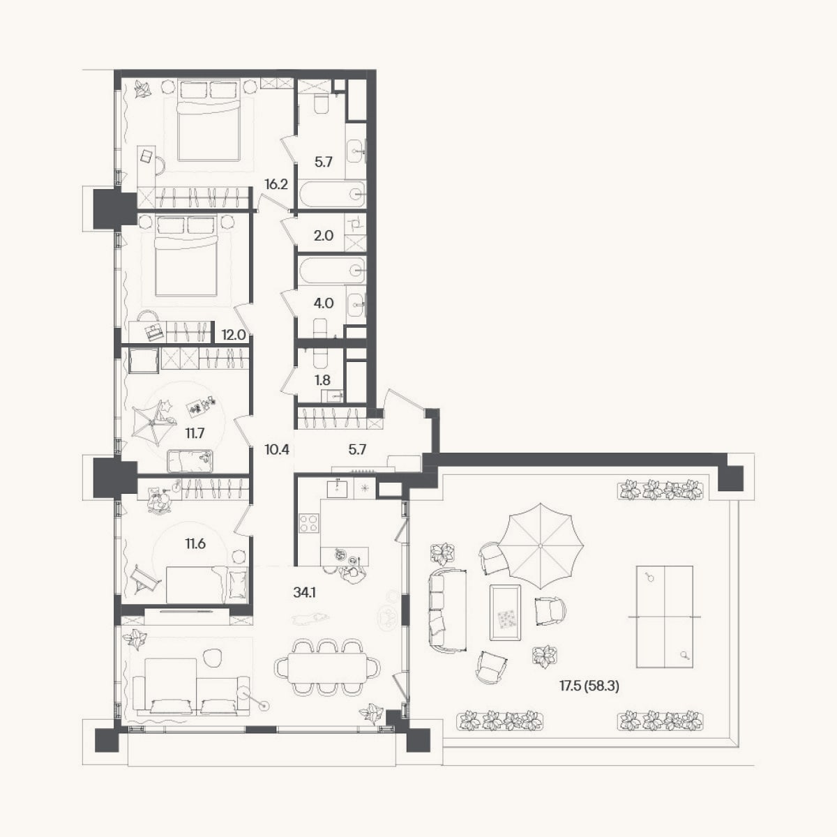 Планировка: 4+ к, 115,2 м²