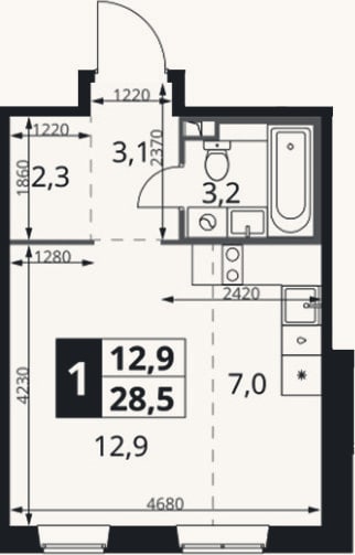 Планировка: Студия, 28,5 м²