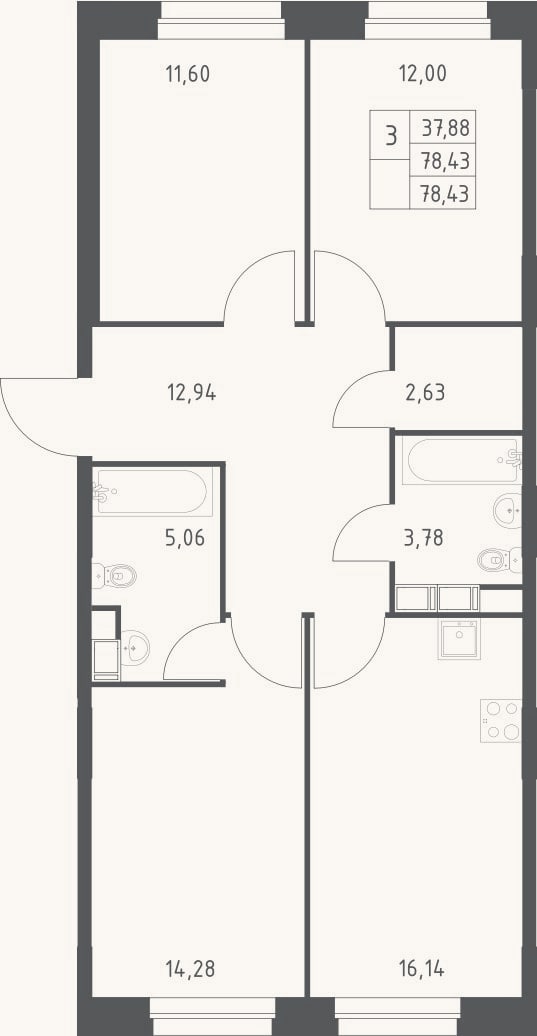 Планировка: 3-к, 78,4 м²