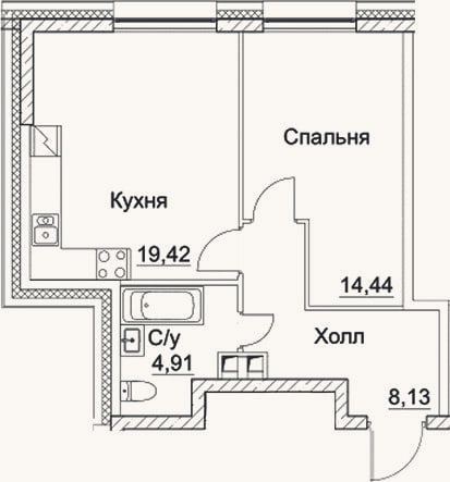 Планировка: 2-к, 46,9 м²