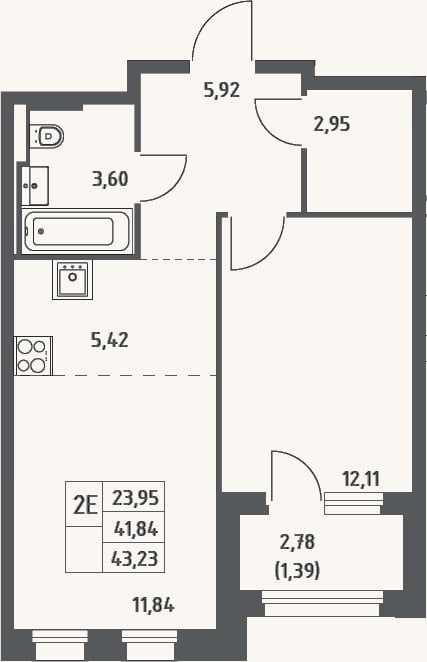 Планировка: 2-к, 41,8 м²
