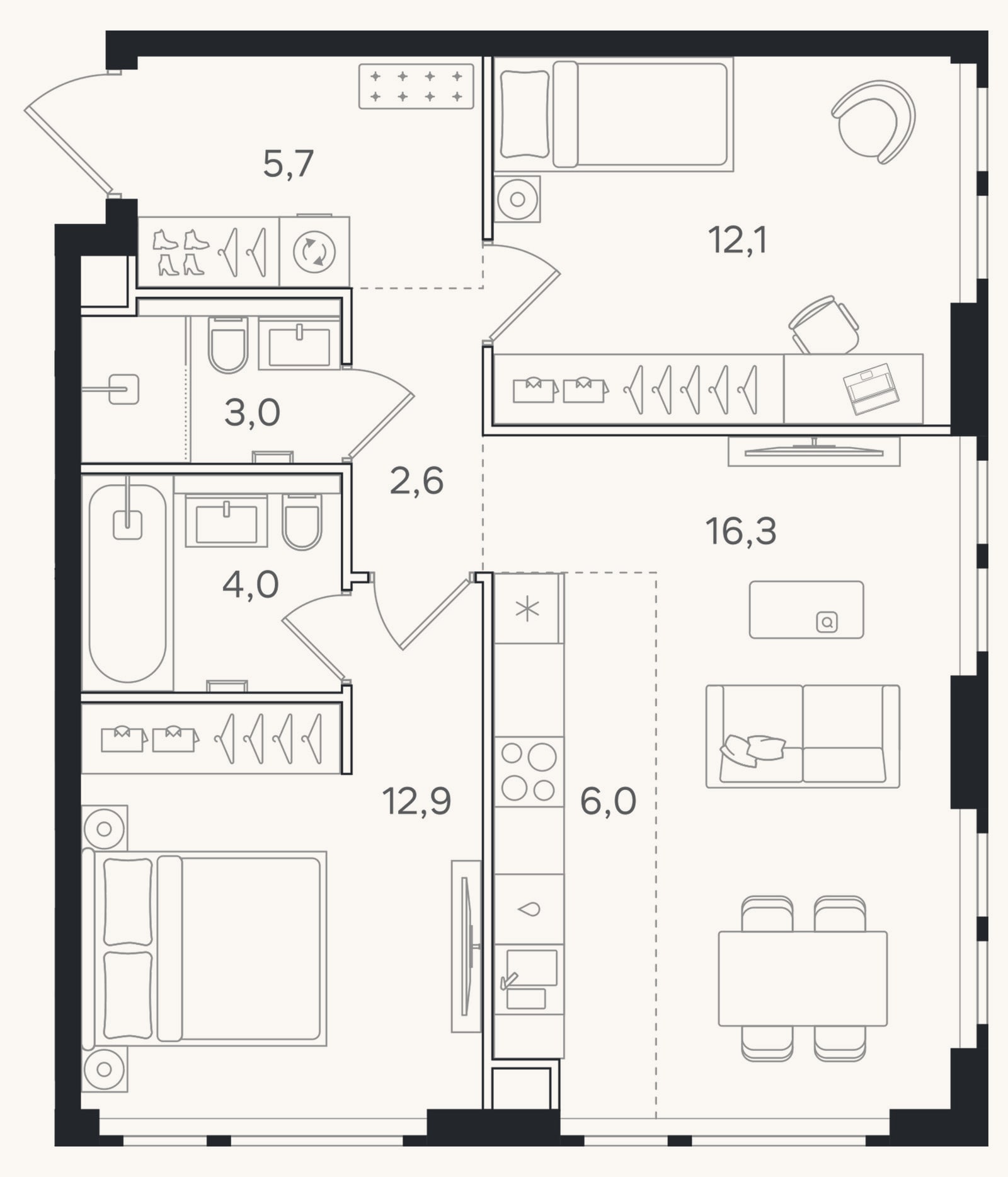Планировка: 3-к, 62,6 м²