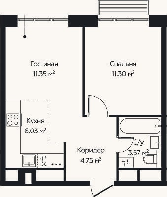 Планировка: 2-к, 37,1 м²