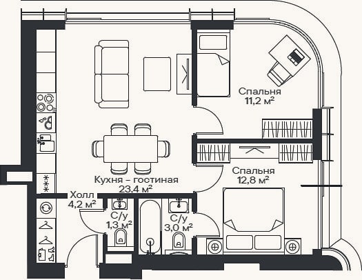 Планировка: 3-к, 54,5 м²