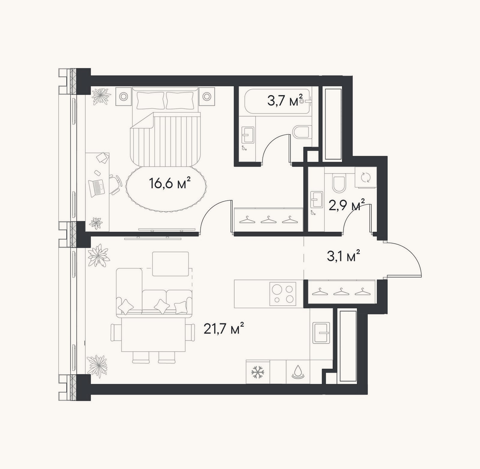 Планировка: 1-к, 48 м²