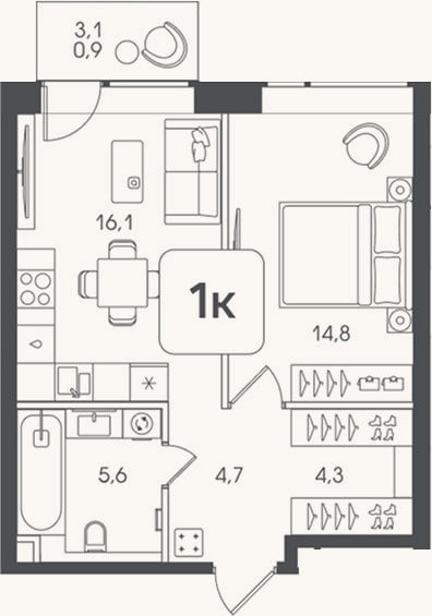 Планировка: 1-к, 45,5 м²