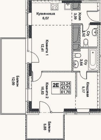 Планировка: 2-к, 43,7 м²