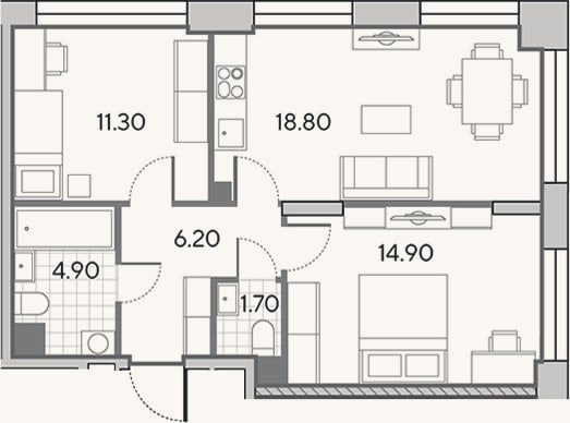 Планировка: 3-к, 57,8 м²