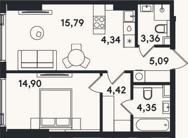 Планировка: 2-к, 52,3 м²