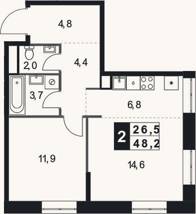 Планировка: 2-к, 48,2 м²