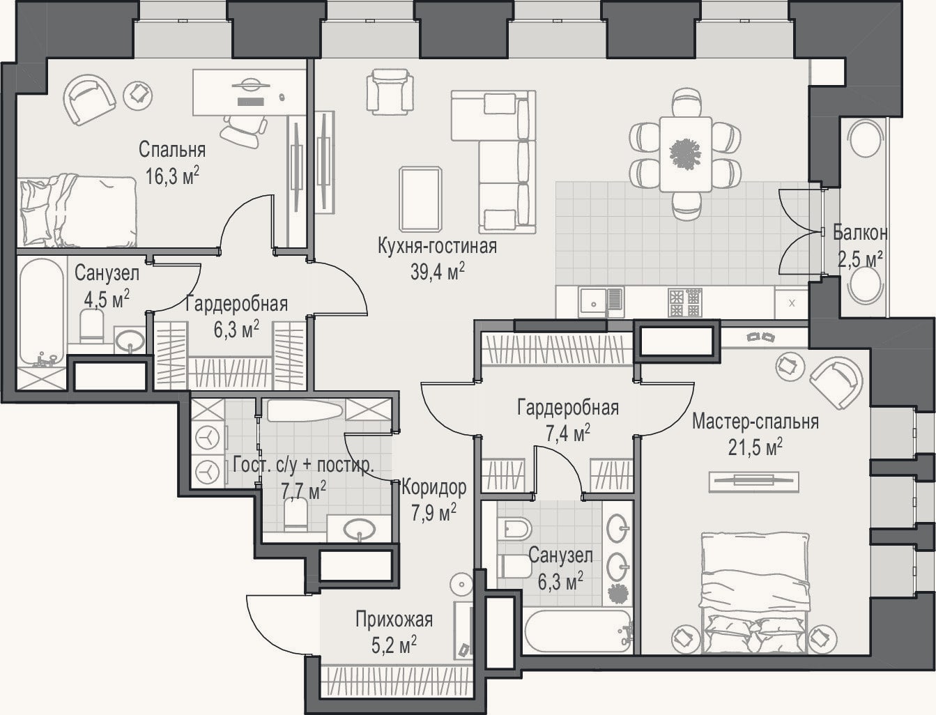 Планировка: 3-к, 123,8 м²
