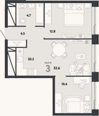 Планировка: 3-к, 52,6 м²