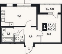 Планировка: 2-к, 41,6 м²